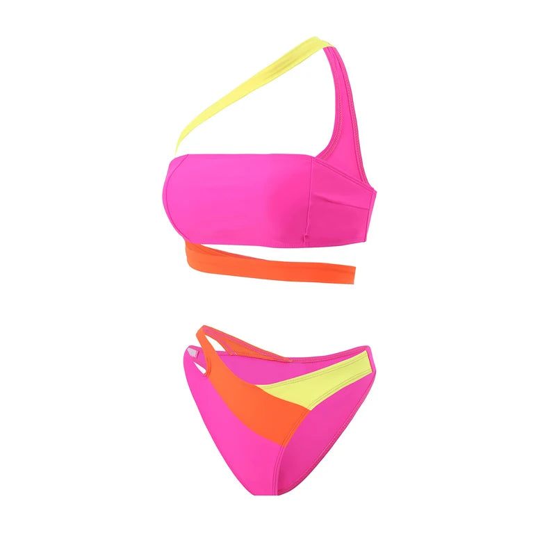 80’s Retro Female Swimwear Sexy Asymmetric High Cut Swimsuit Swim Bathing New Women 2025 One Shoulder Splicing Color Bikini Two Piece Set