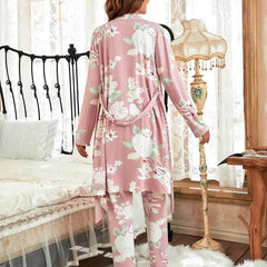 Solid Color 3-piece Pajamas, Soft Long Robe, Sleeveless V-neck Top And Elastic Pants, Summer Casual Wear, Comfortable