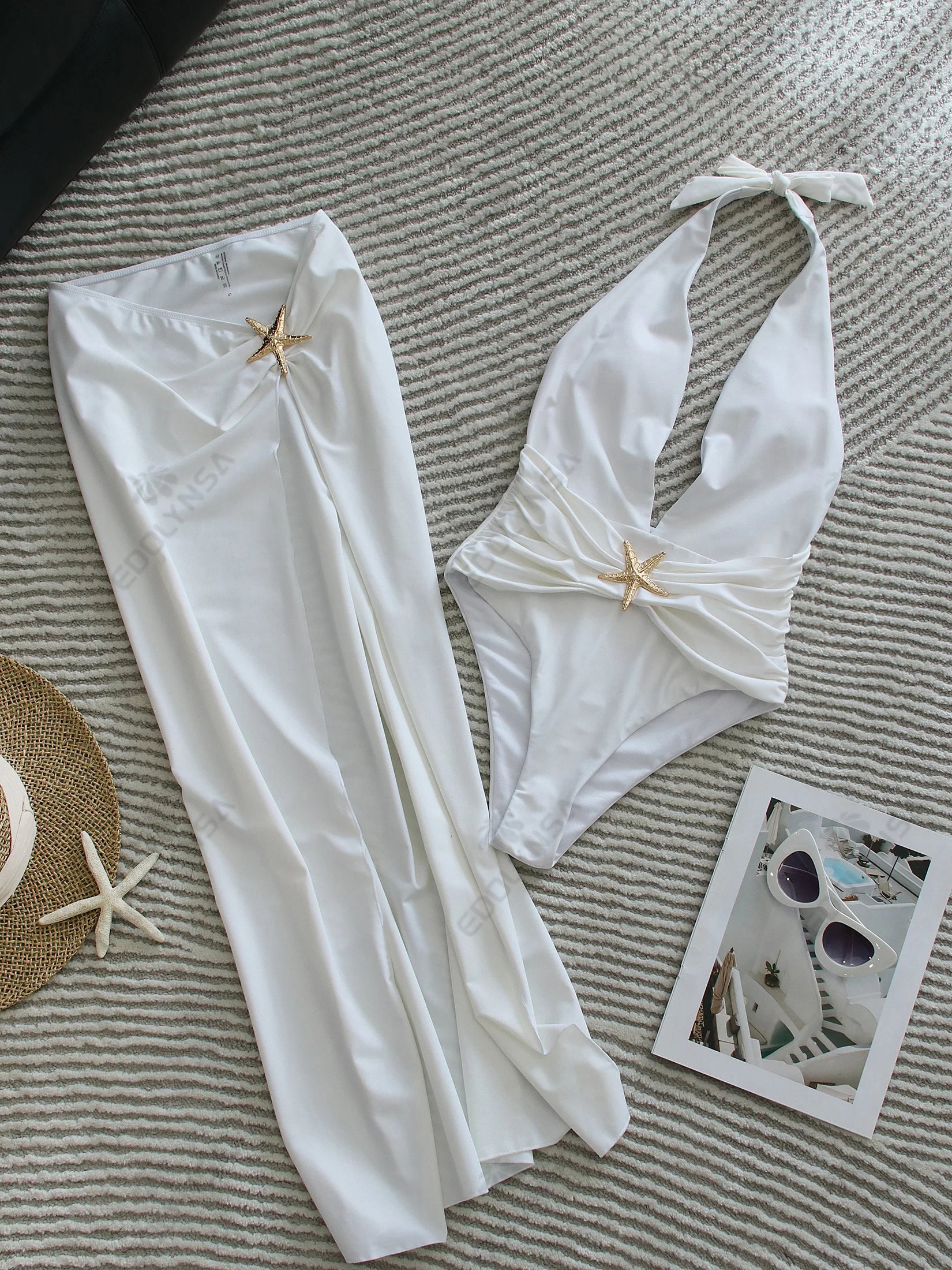 2 Piece Starfish One Piece Bathing Suits with High Split Skirt Cover ups Sexy Halter Bikini Sets K59