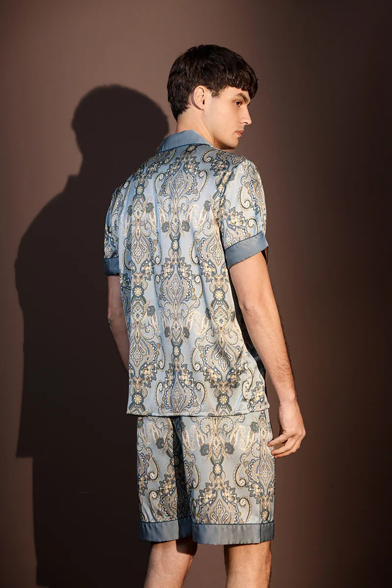 Large Size 3XL Men Pajama 2Pcs Set Summer New Short Sleeve Shorts Pajamas Suit Loose Ice Silk Satin Sleepwear Male Home Clothes