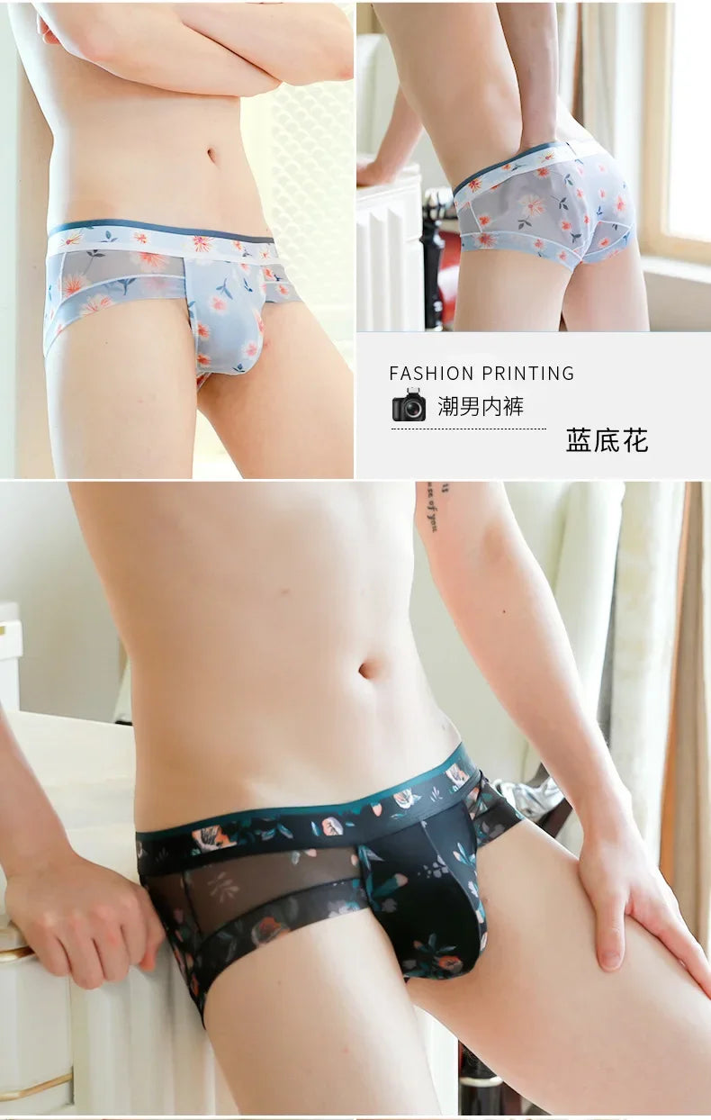 Mens FLORAL Mesh Briefs Summer Breathable Quick Dry Printed Underwear Male Sexy Ultra-thin with Bulge Pouch