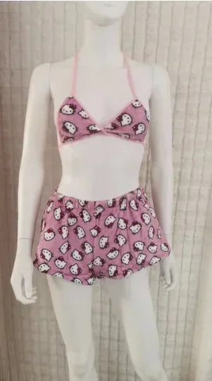 Hello Kitty Sanrio Loose Ladies Pajamas, Cartoon Sleeping Background, Family Lounge, Women's Beach Wear, 2 Pieces, Summer