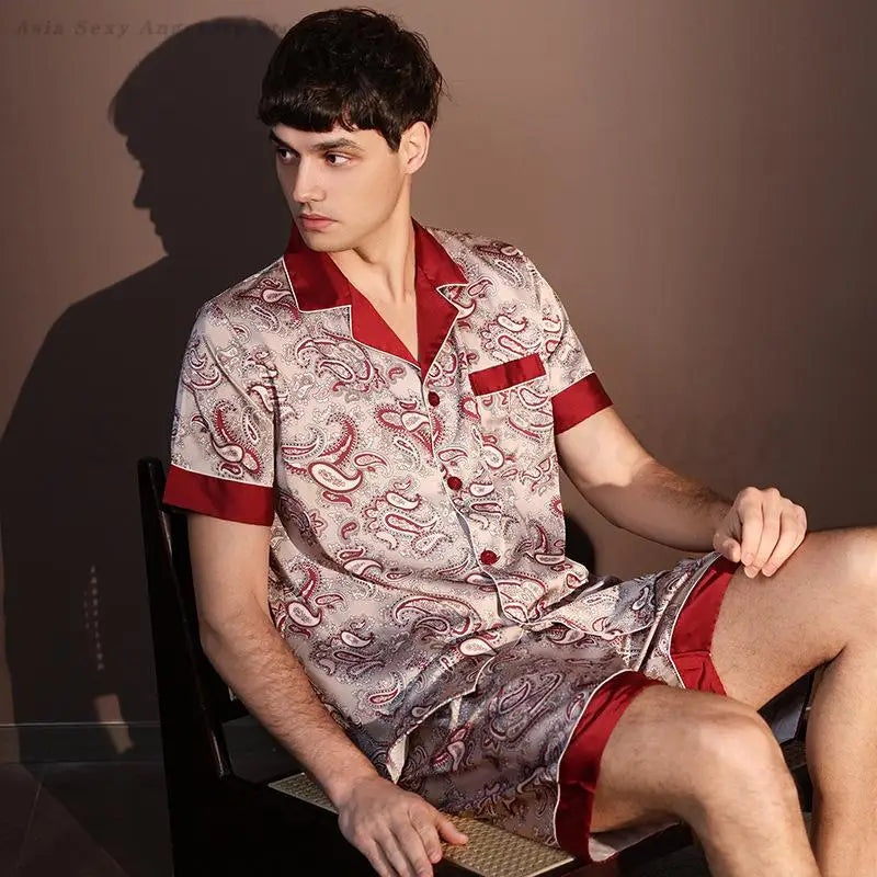 Large Size 3XL Men Pajama 2Pcs Set Summer New Short Sleeve Shorts Pajamas Suit Loose Ice Silk Satin Sleepwear Male Home Clothes