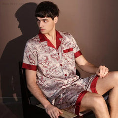 Large Size 3XL Men Pajama 2Pcs Set Summer New Short Sleeve Shorts Pajamas Suit Loose Ice Silk Satin Sleepwear Male Home Clothes