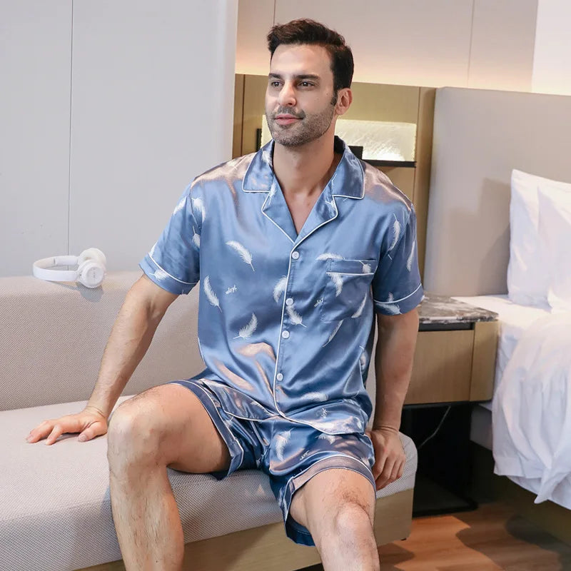 Mens Silk Satin Print Pajamas Set Short Sleeved Pocket Button Shirt Shorts Bottom For Summer Loungewear Sleepwear Home Wear Suit