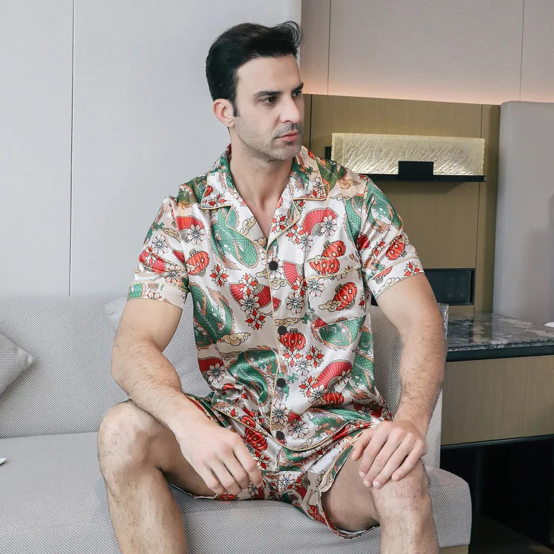 Mens Silk Satin Print Pajamas Set Short Sleeved Pocket Button Shirt Shorts Bottom For Summer Loungewear Sleepwear Home Wear Suit