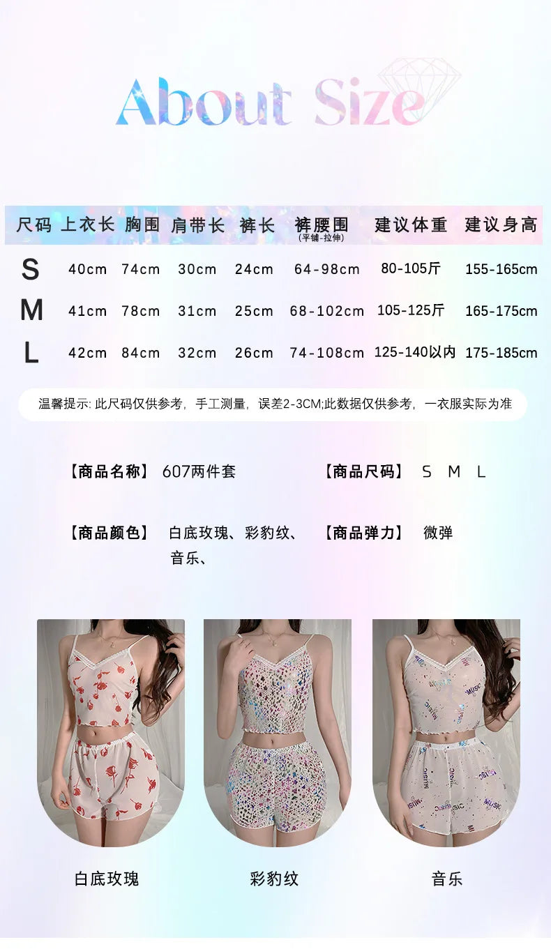 2Pcs Women Sexy Pajama Set Print Mesh Silk Spaghetti Strap Top Shorts Pajama Women Sleepwear Femme Pajamas