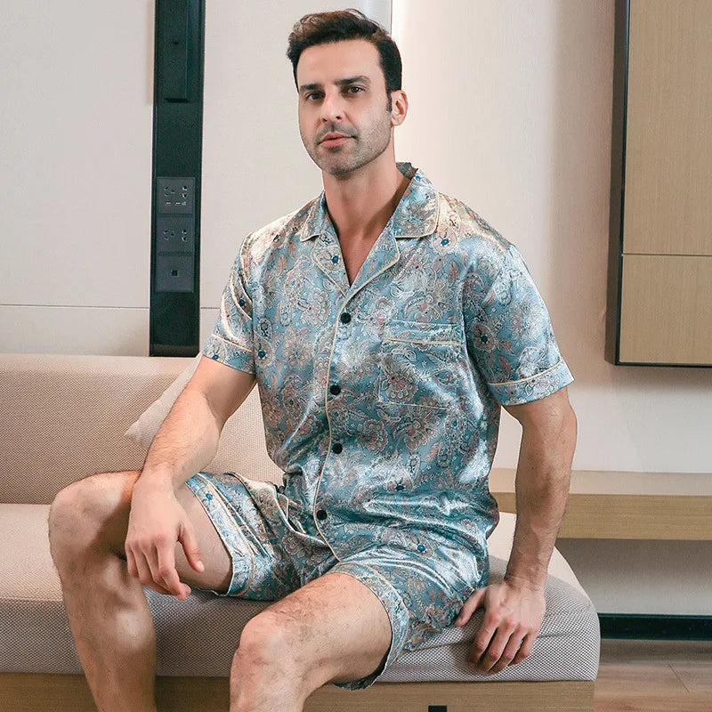Mens Silk Satin Print Pajamas Set Short Sleeved Pocket Button Shirt Shorts Bottom For Summer Loungewear Sleepwear Home Wear Suit