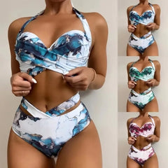 Marble Print  Sexy Bikinis Women 2025 Summer Two Piece Marble Print Swimsuit Female Push Up Halter Ruched Wrap Front High Waist Bathing Suit