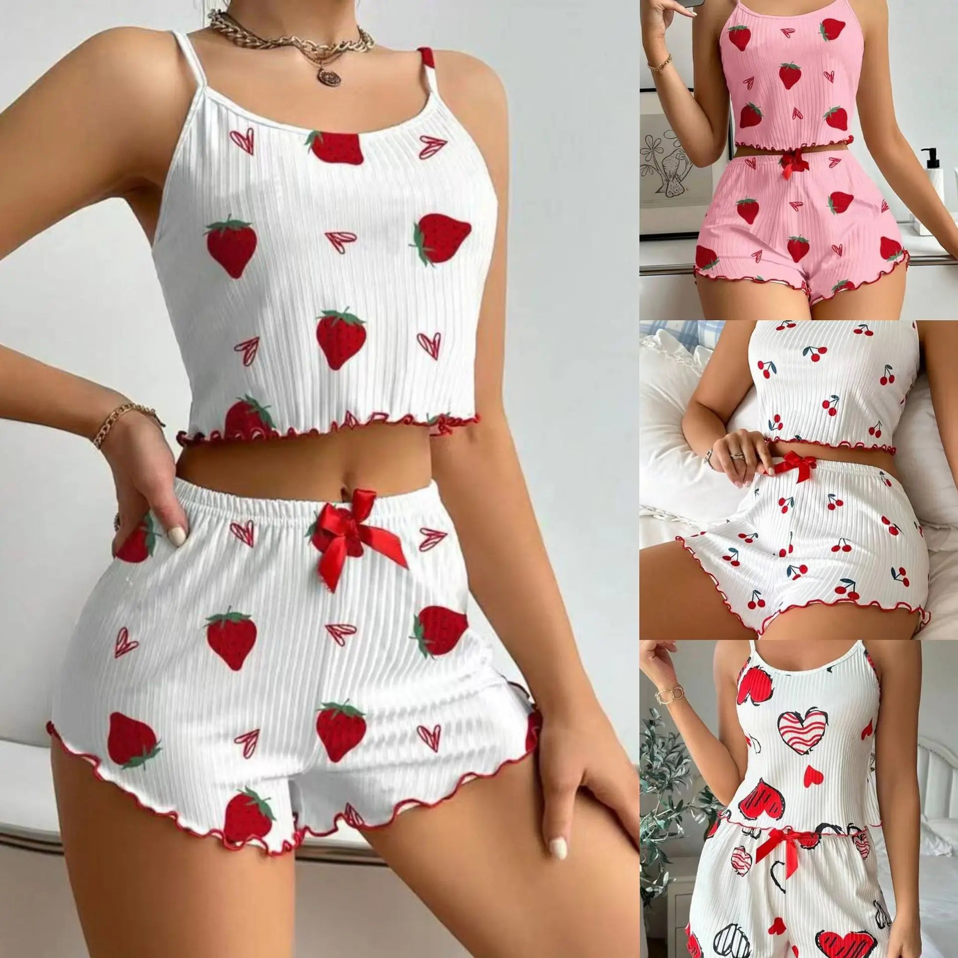New Strawberry Print Sleepwear Set Women's Ribbed Pajamas with Hearts & Bow Soft Comfy Lounge Set with Shorts Cute Summer