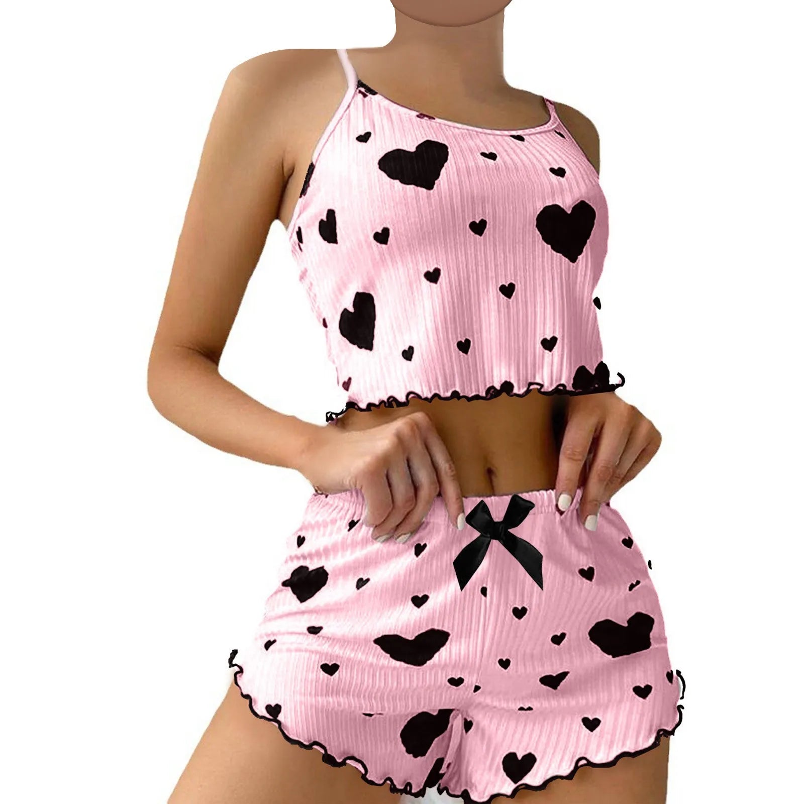Heart Print Women's Pajamas Set Sleepwear 2 PCS Short Tank Tops and Shorts Sets Ventilate Soft Casual Love Sleeveless Home Suit