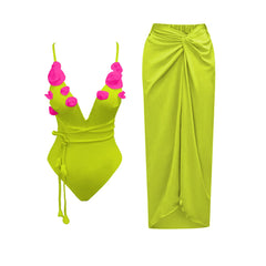 2025 Flower Deep V Neck Swimwear With Cover Up Sexy Woman Swimsuit Off Shoulder Bathingsuit Belt Bikini Summer Suits Beachwear