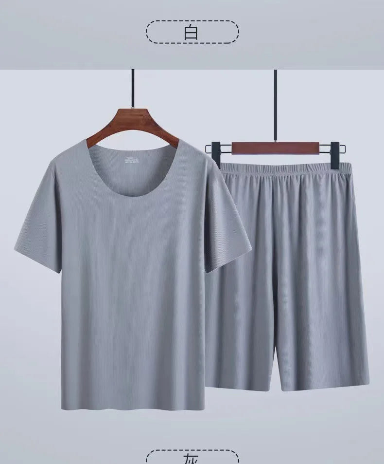 Men's Summer Thin Pajamas Suit Home Wear Seamless Short Sleeve Shorts Sleepwear Sets Non-trace Ice Silk Lounge Nightwear for Men