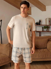 Summer Style Pajamas  Men's pajama set with short-sleeved shirts printed with letters and shorts