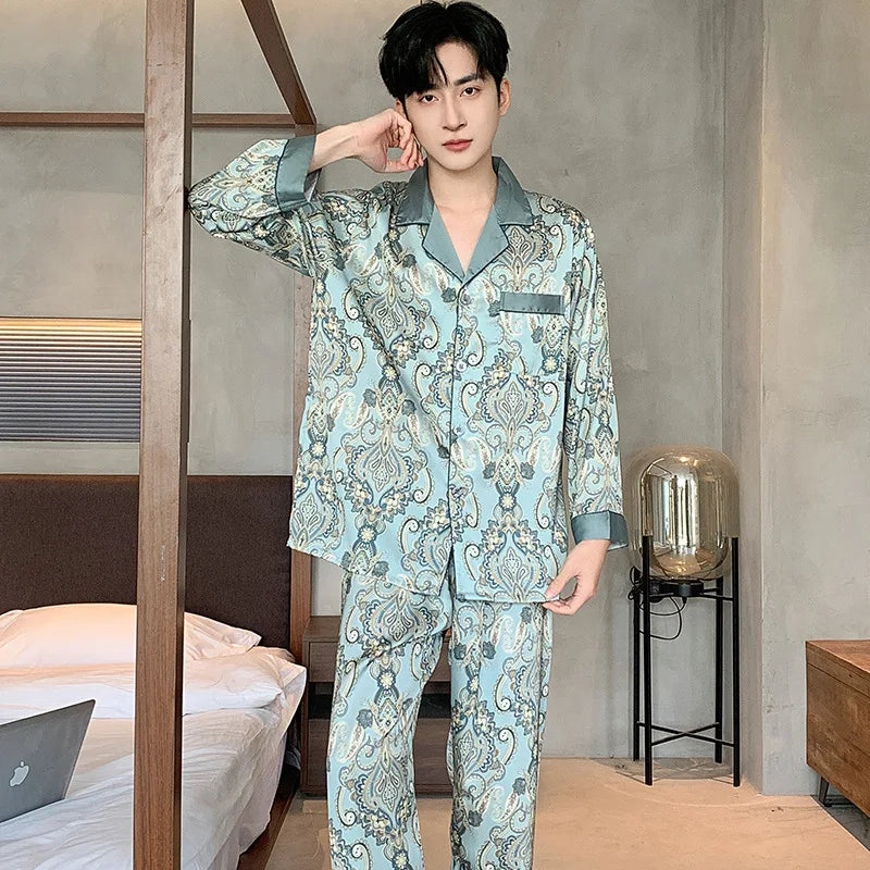 Large Size 3XL Men Pajama 2Pcs Set Summer New Short Sleeve Shorts Pajamas Suit Loose Ice Silk Satin Sleepwear Male Home Clothes