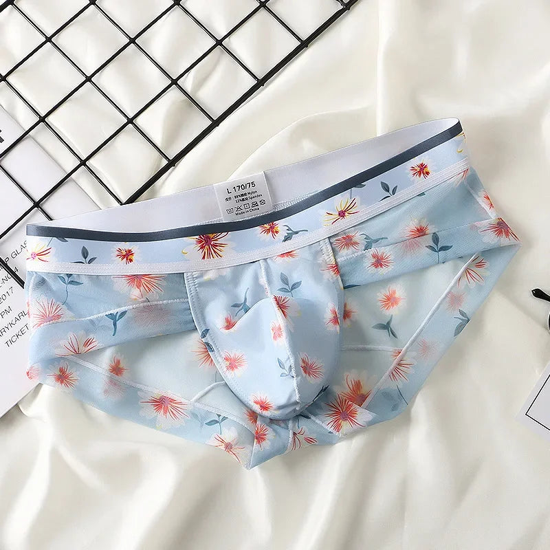 Mens FLORAL Mesh Briefs Summer Breathable Quick Dry Printed Underwear Male Sexy Ultra-thin with Bulge Pouch