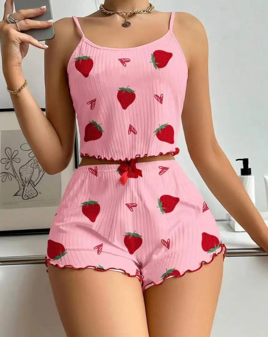 New Strawberry Print Sleepwear Set Women's Ribbed Pajamas with Hearts & Bow Soft Comfy Lounge Set with Shorts Cute Summer