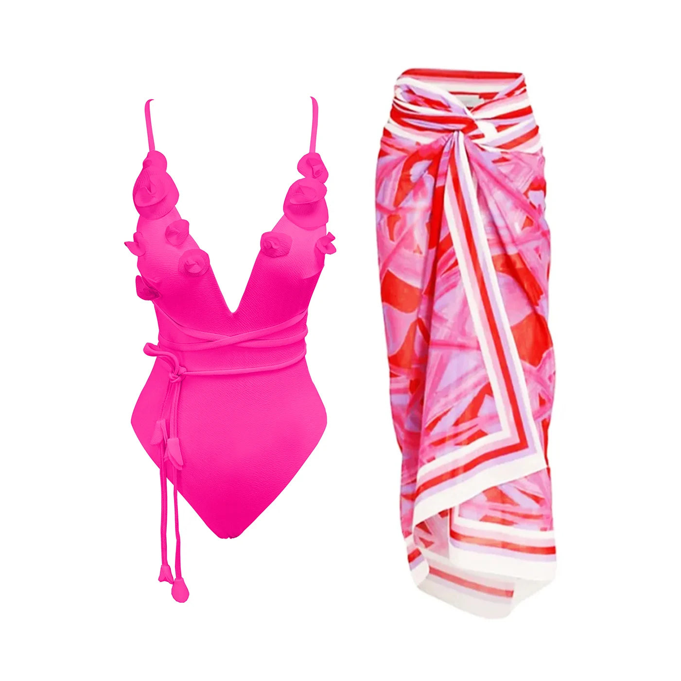 2025 Flower Deep V Neck Swimwear With Cover Up Sexy Woman Swimsuit Off Shoulder Bathingsuit Belt Bikini Summer Suits Beachwear