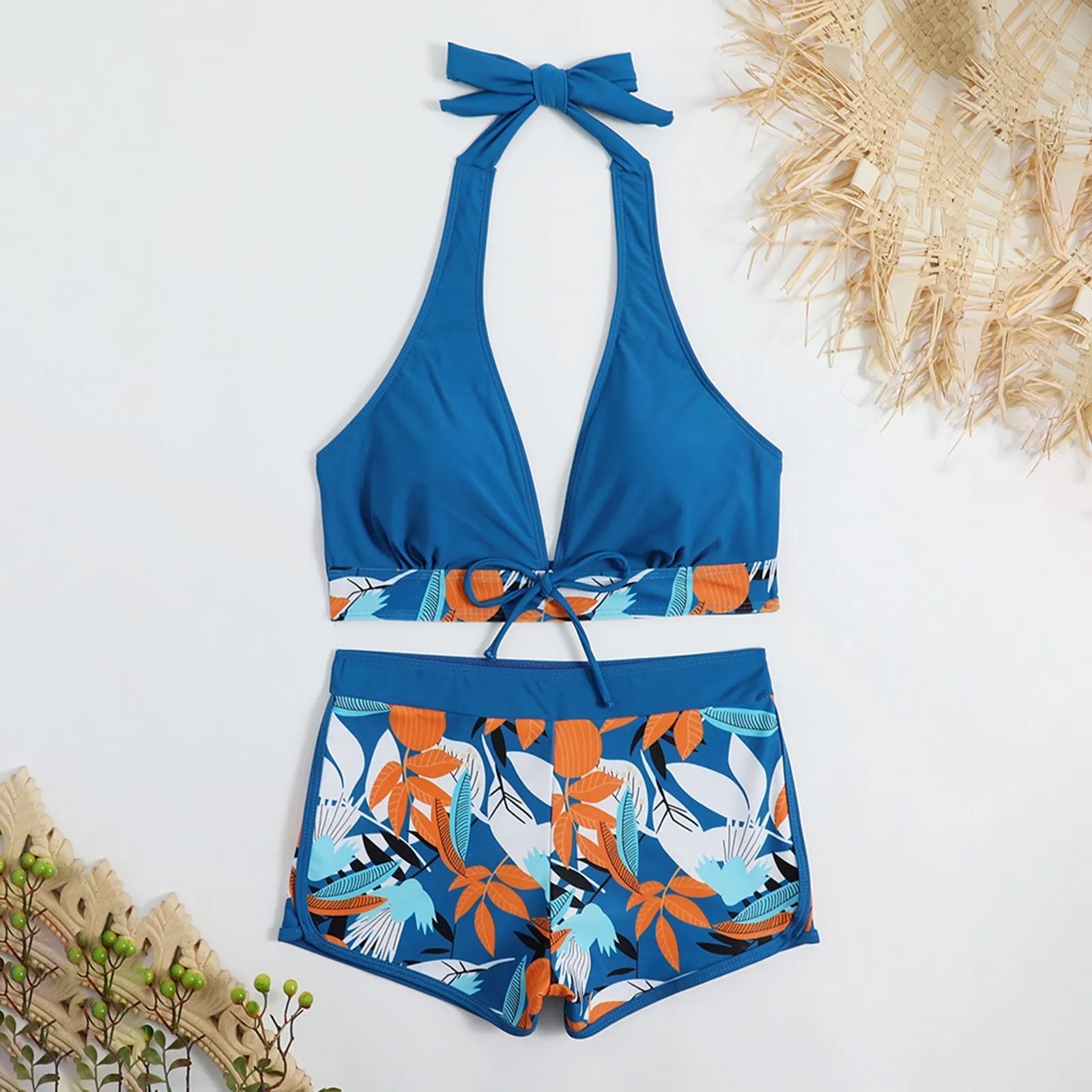 PLANT Bikini shorts Set  High Waist Swimsuit 2 Pieces Plant Print  Bathing Swim Suit Beachwear