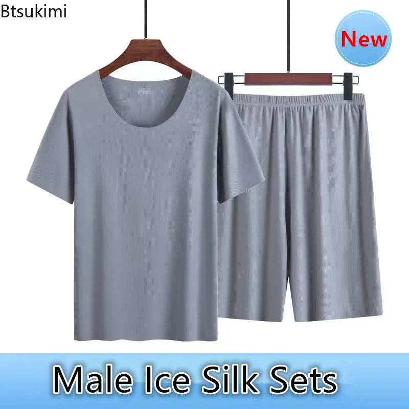 Men's Summer Thin Pajamas Suit Home Wear Seamless Short Sleeve Shorts Sleepwear Sets Non-trace Ice Silk Lounge Nightwear for Men