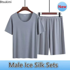 Men's Summer Thin Pajamas Suit Home Wear Seamless Short Sleeve Shorts Sleepwear Sets Non-trace Ice Silk Lounge Nightwear for Men