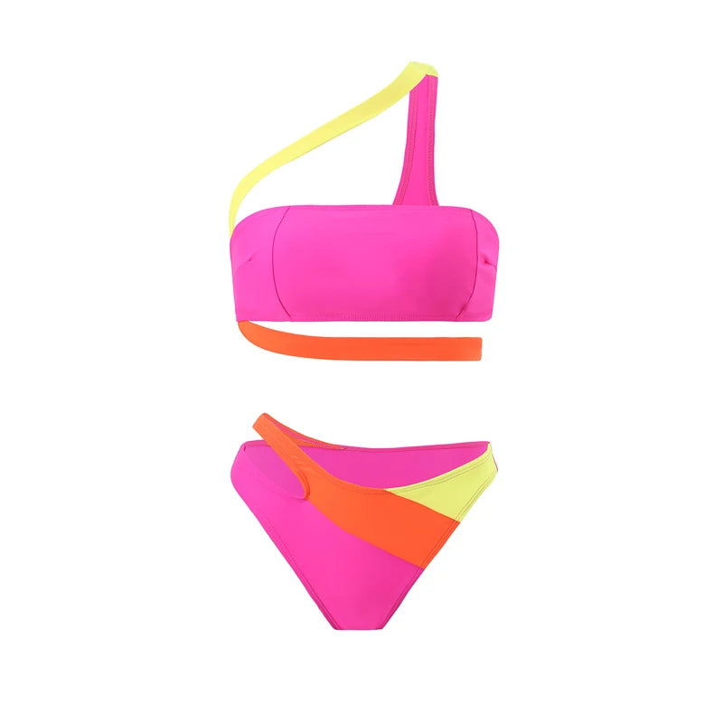 80’s Retro Female Swimwear Sexy Asymmetric High Cut Swimsuit Swim Bathing New Women 2025 One Shoulder Splicing Color Bikini Two Piece Set