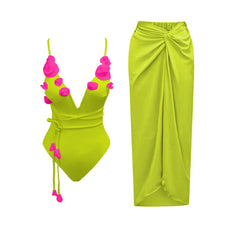 2025 Flower Deep V Neck Swimwear With Cover Up Sexy Woman Swimsuit Off Shoulder Bathingsuit Belt Bikini Summer Suits Beachwear