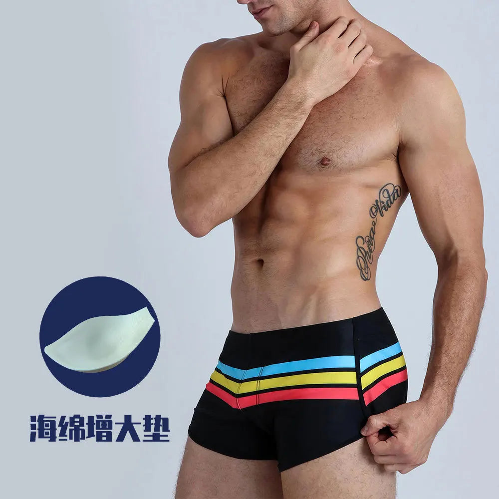 Mens Swim Boxer Striped Swimsuit Pouch Enhance