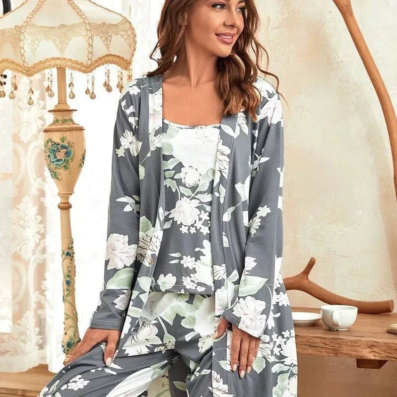 Solid Color 3-piece Pajamas, Soft Long Robe, Sleeveless V-neck Top And Elastic Pants, Summer Casual Wear, Comfortable