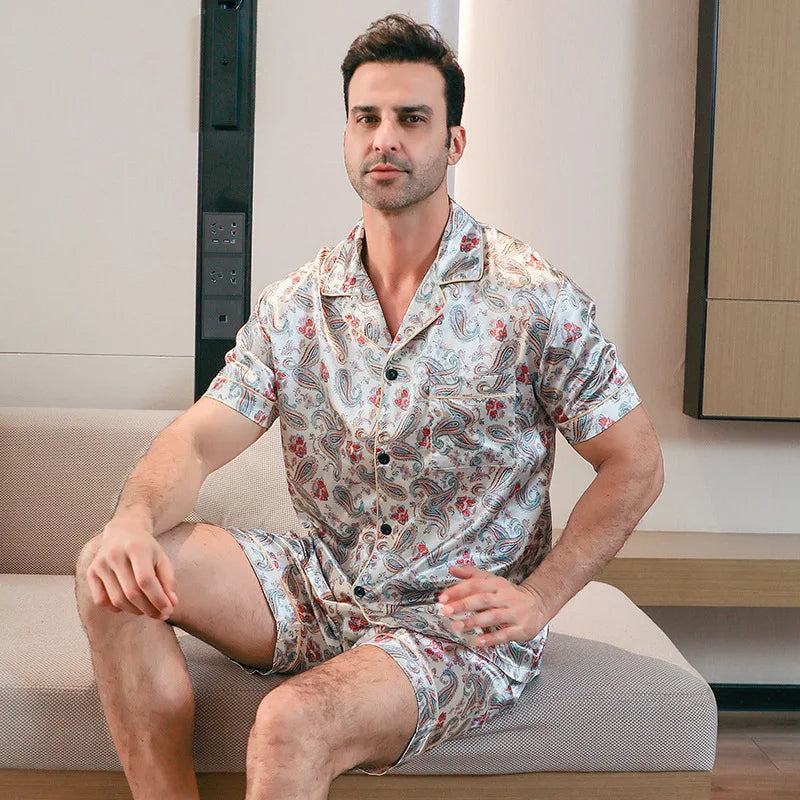 Mens Silk Satin Print Pajamas Set Short Sleeved Pocket Button Shirt Shorts Bottom For Summer Loungewear Sleepwear Home Wear Suit