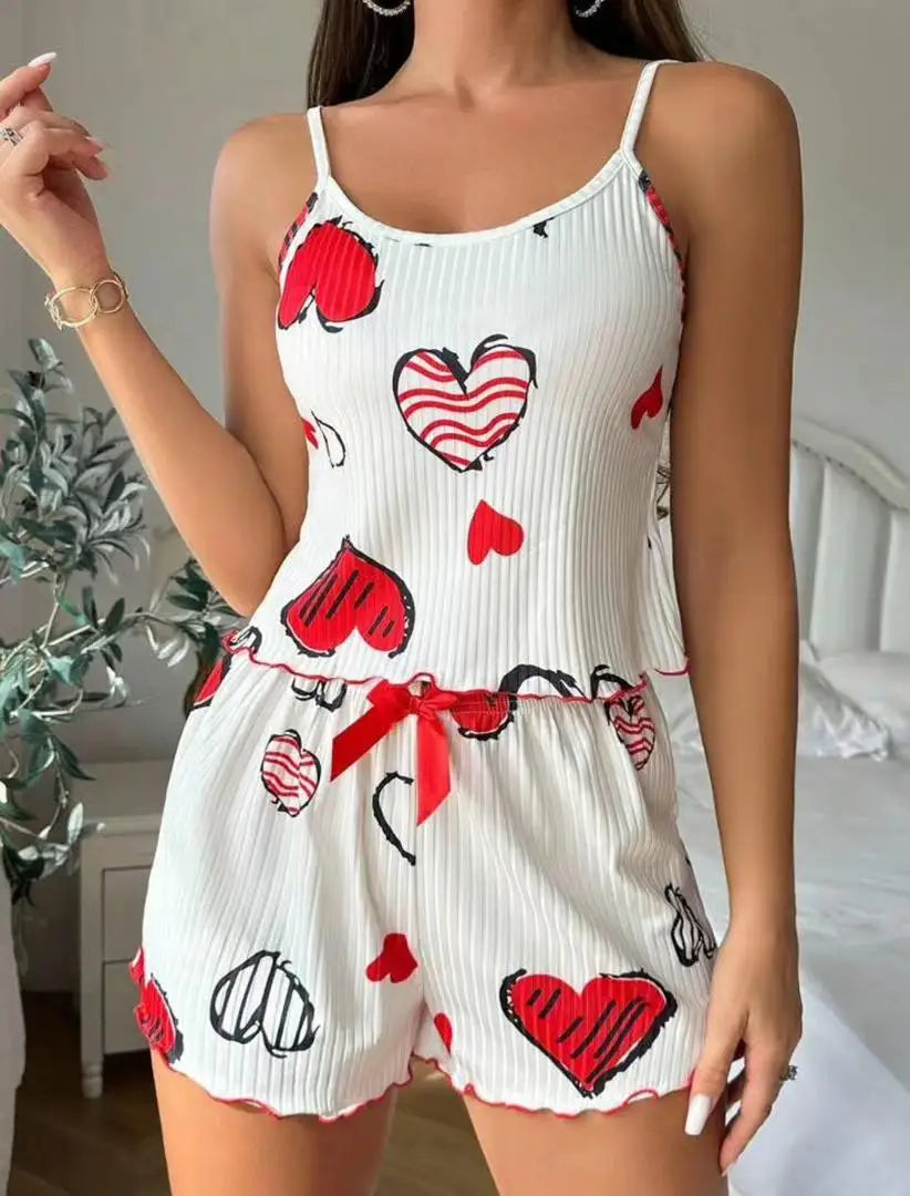 New Strawberry Print Sleepwear Set Women's Ribbed Pajamas with Hearts & Bow Soft Comfy Lounge Set with Shorts Cute Summer