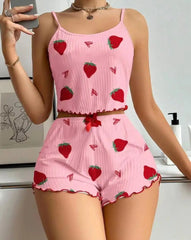 New Strawberry Print Sleepwear Set Women's Ribbed Pajamas with Hearts & Bow Soft Comfy Lounge Set with Shorts Cute Summer