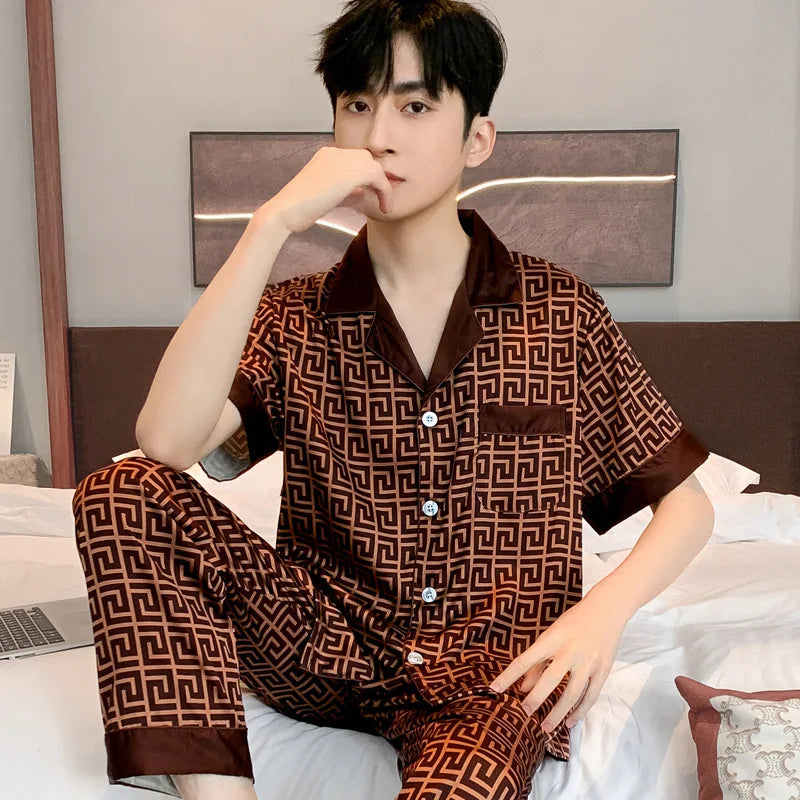 Pajamas Men Spring Summer Thin Ice Silk Luxurious Loose Fitting Home Wear Suit Male Satin Pijamas Set Night Sleep-Suit Gentlemen