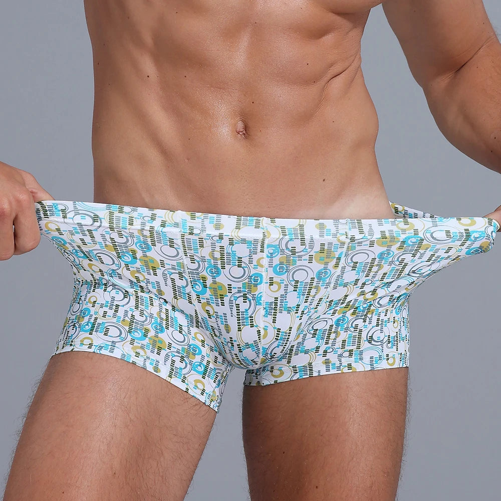 New Men Ice Silk Underwear Low waist Boxers shorts Pants Separate Open Warehouse Thin Printing Boxers