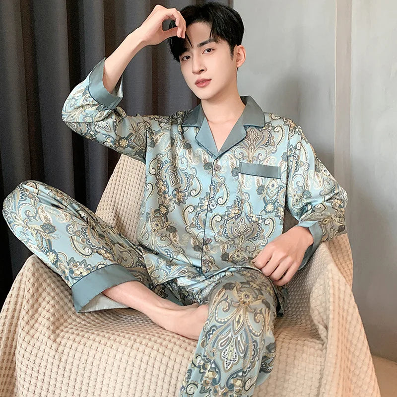 Large Size 3XL Men Pajama 2Pcs Set Summer New Short Sleeve Shorts Pajamas Suit Loose Ice Silk Satin Sleepwear Male Home Clothes