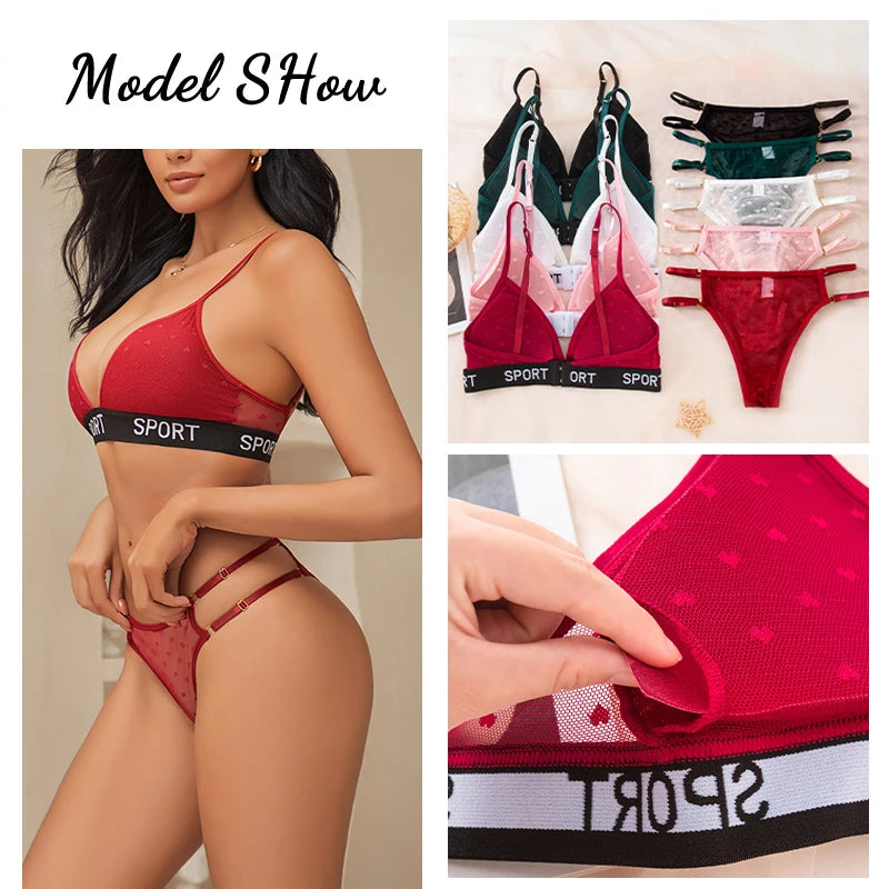 Women Bras Set Dot Push Up Bras Female Transparent Breathable Brazilian Panties Low Waist Bikini Ladies Soft Underwear Set