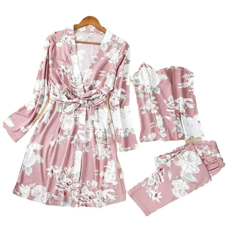 Solid Color 3-piece Pajamas, Soft Long Robe, Sleeveless V-neck Top And Elastic Pants, Summer Casual Wear, Comfortable