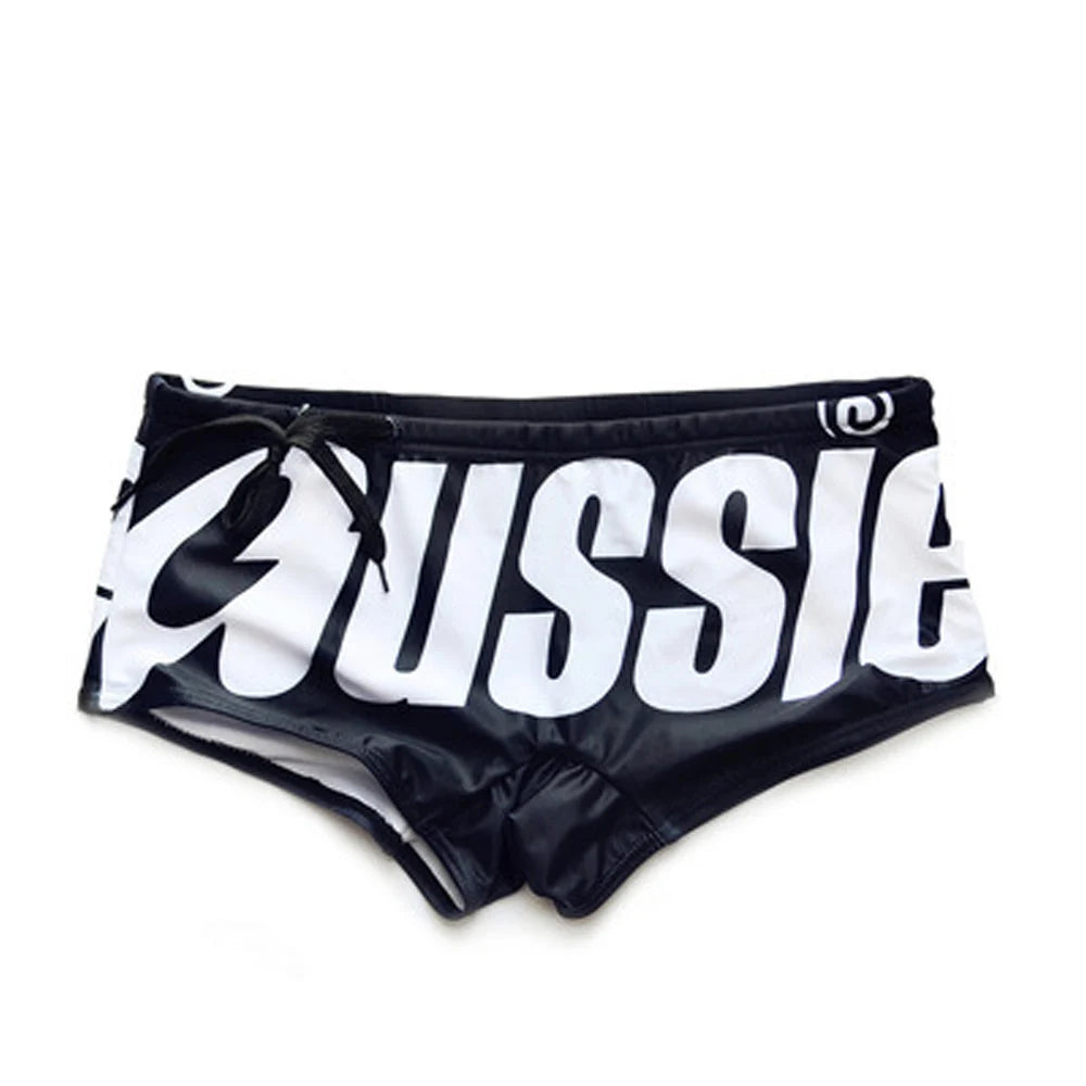 AUSSIE Men's Swim Trunks  Low Waisted  Sexy Fashionable Flat Angle Swim Trunks  Triangle Hot Spring Beach Letters