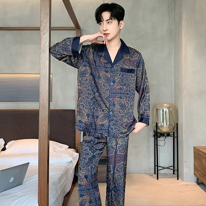 Large Size 3XL Men Pajama 2Pcs Set Summer New Short Sleeve Shorts Pajamas Suit Loose Ice Silk Satin Sleepwear Male Home Clothes