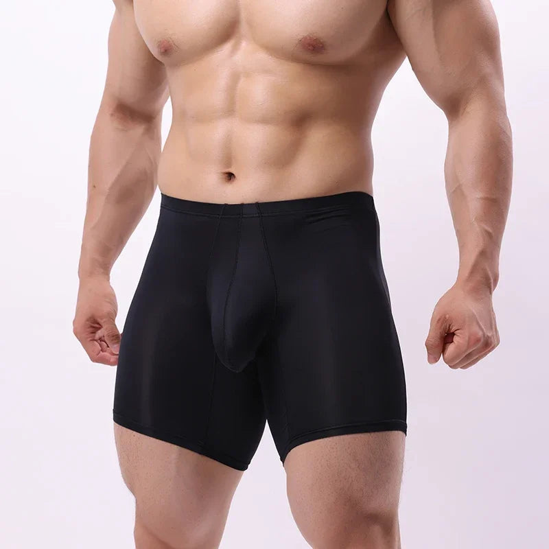 EUR Size Men Long Leg Boxer Shorts Mid Waist With Pouch Thin Silk Male and Breathable