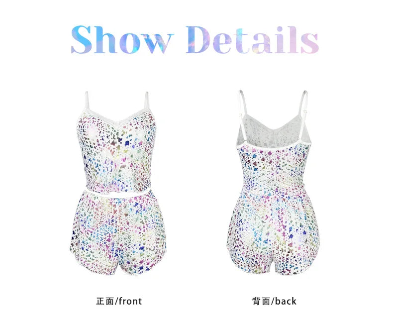 2Pcs Women Sexy Pajama Set Print Mesh Silk Spaghetti Strap Top Shorts Pajama Women Sleepwear Femme Pajamas