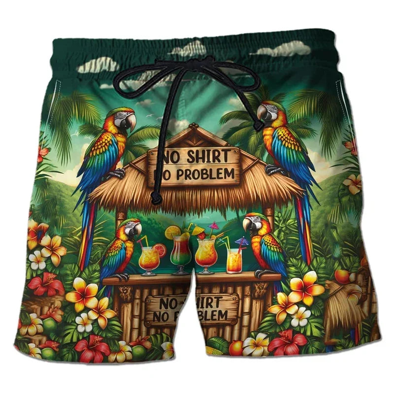 Parrot Toucan Men Tropical Plants Pattern Hawaiian Beach Shorts Surf Board Shorts Quick Dry Swim Trunks