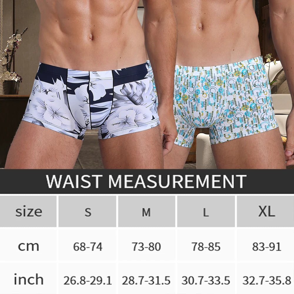 New Men Ice Silk Underwear Low waist Boxers shorts Pants Separate Open Warehouse Thin Printing Boxers
