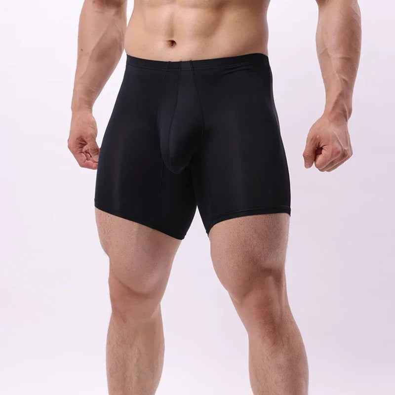 EUR Size Men Long Leg Boxer Shorts Mid Waist With Pouch Thin Silk Male and Breathable