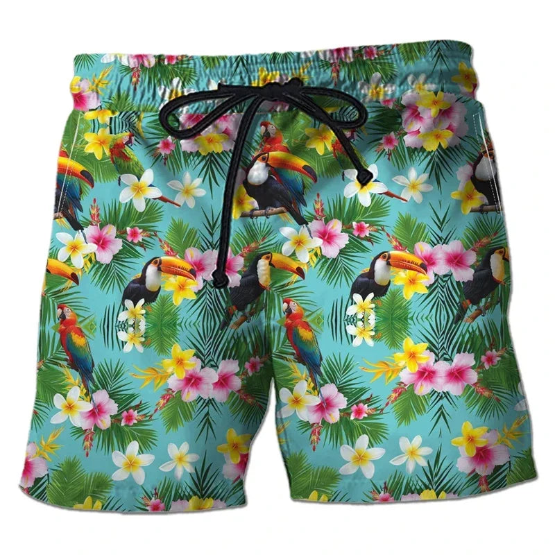 Parrot Toucan Men Tropical Plants Pattern Hawaiian Beach Shorts Surf Board Shorts Quick Dry Swim Trunks