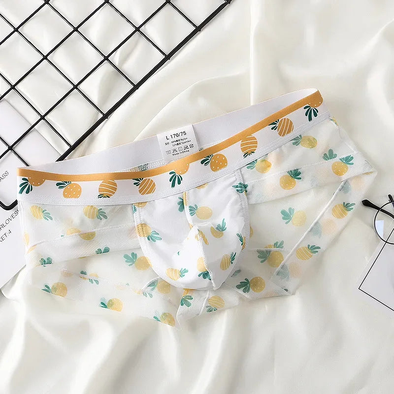 Mens FLORAL Mesh Briefs Summer Breathable Quick Dry Printed Underwear Male Sexy Ultra-thin with Bulge Pouch