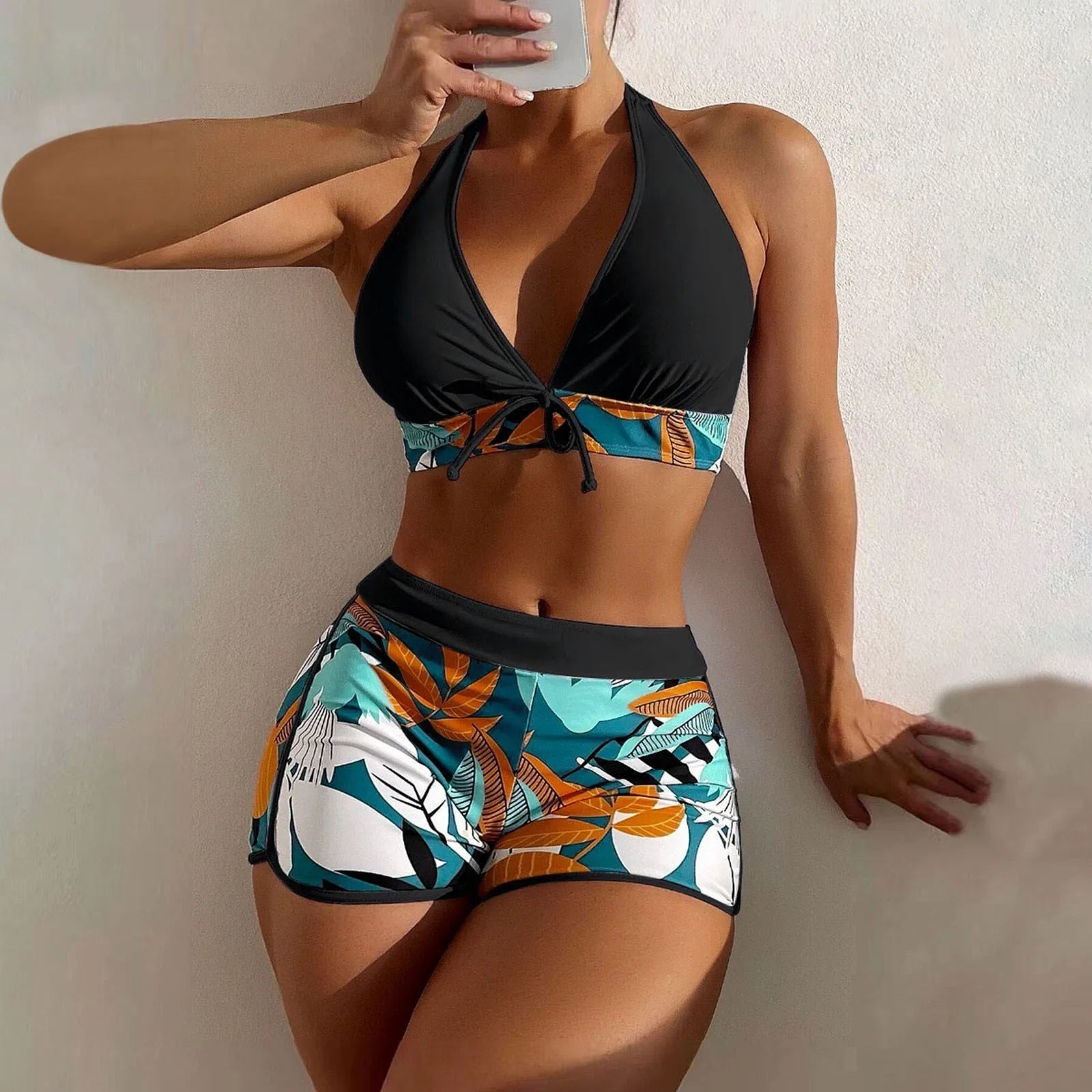 PLANT Bikini shorts Set  High Waist Swimsuit 2 Pieces Plant Print  Bathing Swim Suit Beachwear