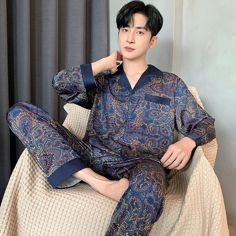 Large Size 3XL Men Pajama 2Pcs Set Summer New Short Sleeve Shorts Pajamas Suit Loose Ice Silk Satin Sleepwear Male Home Clothes