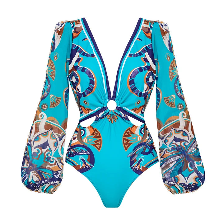 2025 Women Long-sleeved Jungle Green Print One Piece Swimsuit and Skirt Woman Swimwear Summer Bathing Suit
