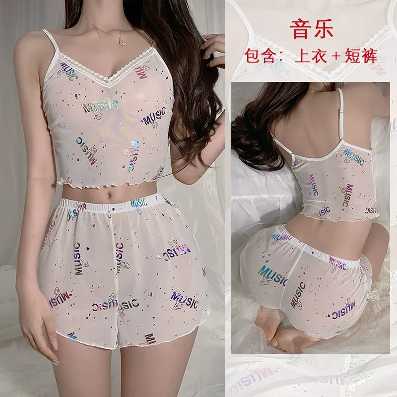 2Pcs Women Sexy Pajama Set Print Mesh Silk Spaghetti Strap Top Shorts Pajama Women Sleepwear Femme Pajamas